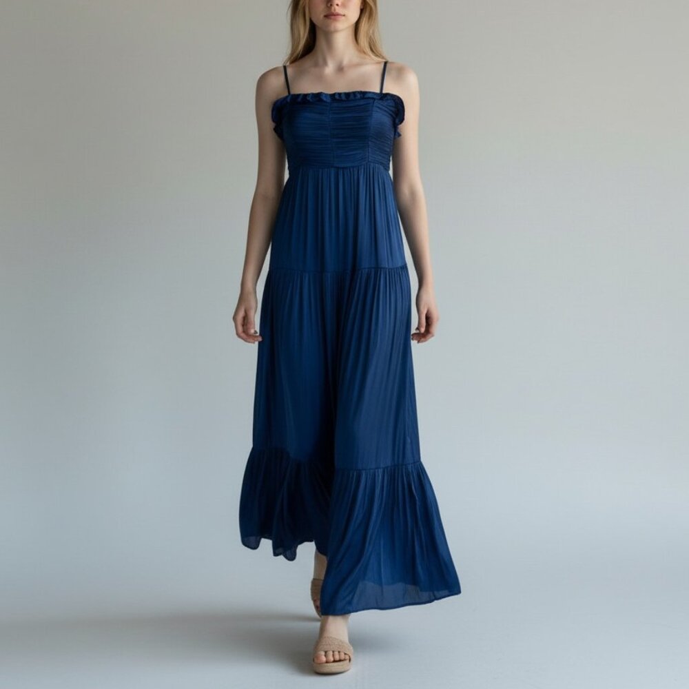 Aqua Ruffled Satin Maxi Dress (XS & Small) in Blue, Two Available!